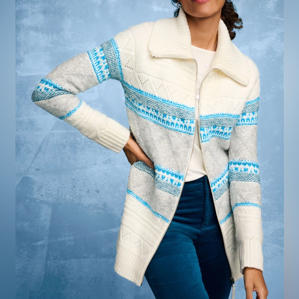 Talbots Ivory Blue Full Zip Fair Isle Cable Knit Cardigan Sweater Fisherman Soft